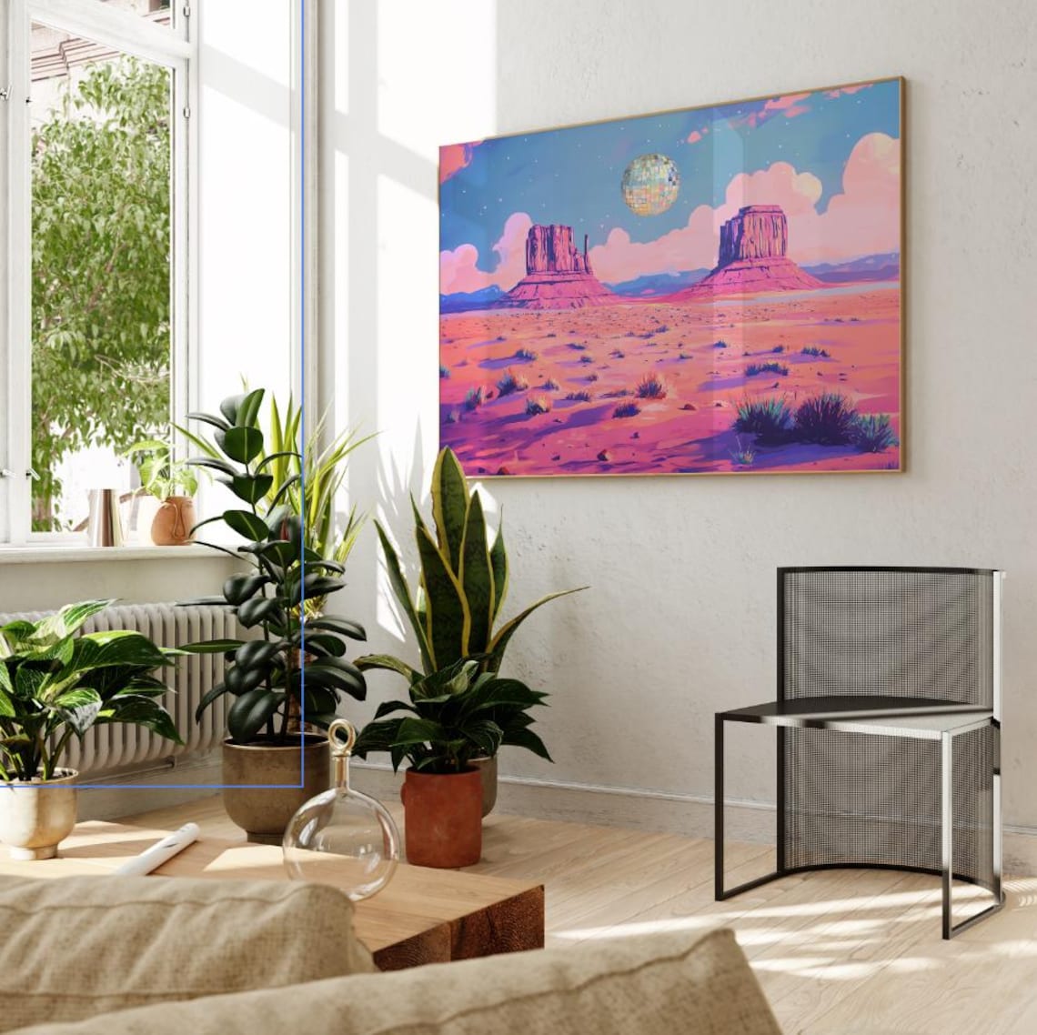 Disco Cowgirl Pink Desert Buttes Moon Cosmic Western Wall Art