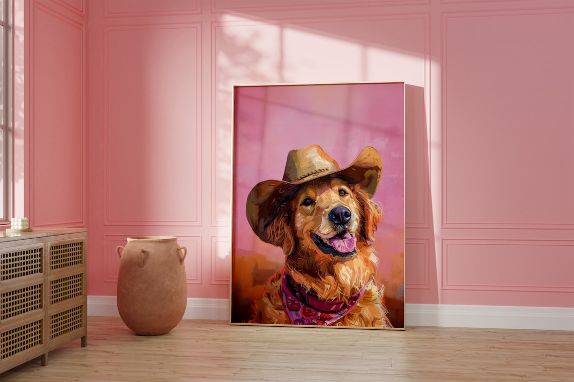 Dog Cowgirl Hat Pink Vintage Western Art Print