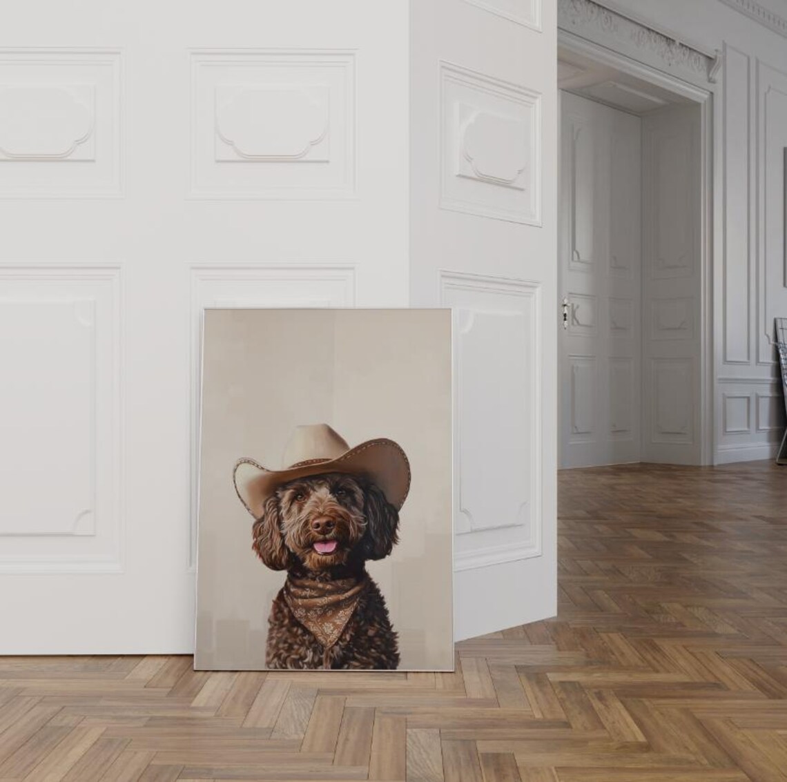 Doodle Dog in Cowgirl Hat, Vintage Western Art Print