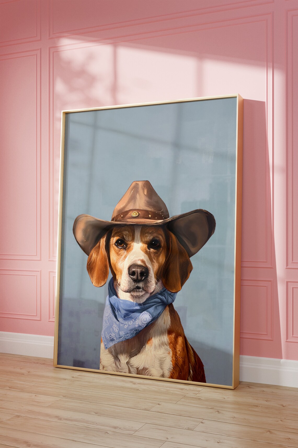 Beagle in Brown Cowboy Hat Blue Western Pet Portrait Art Poster