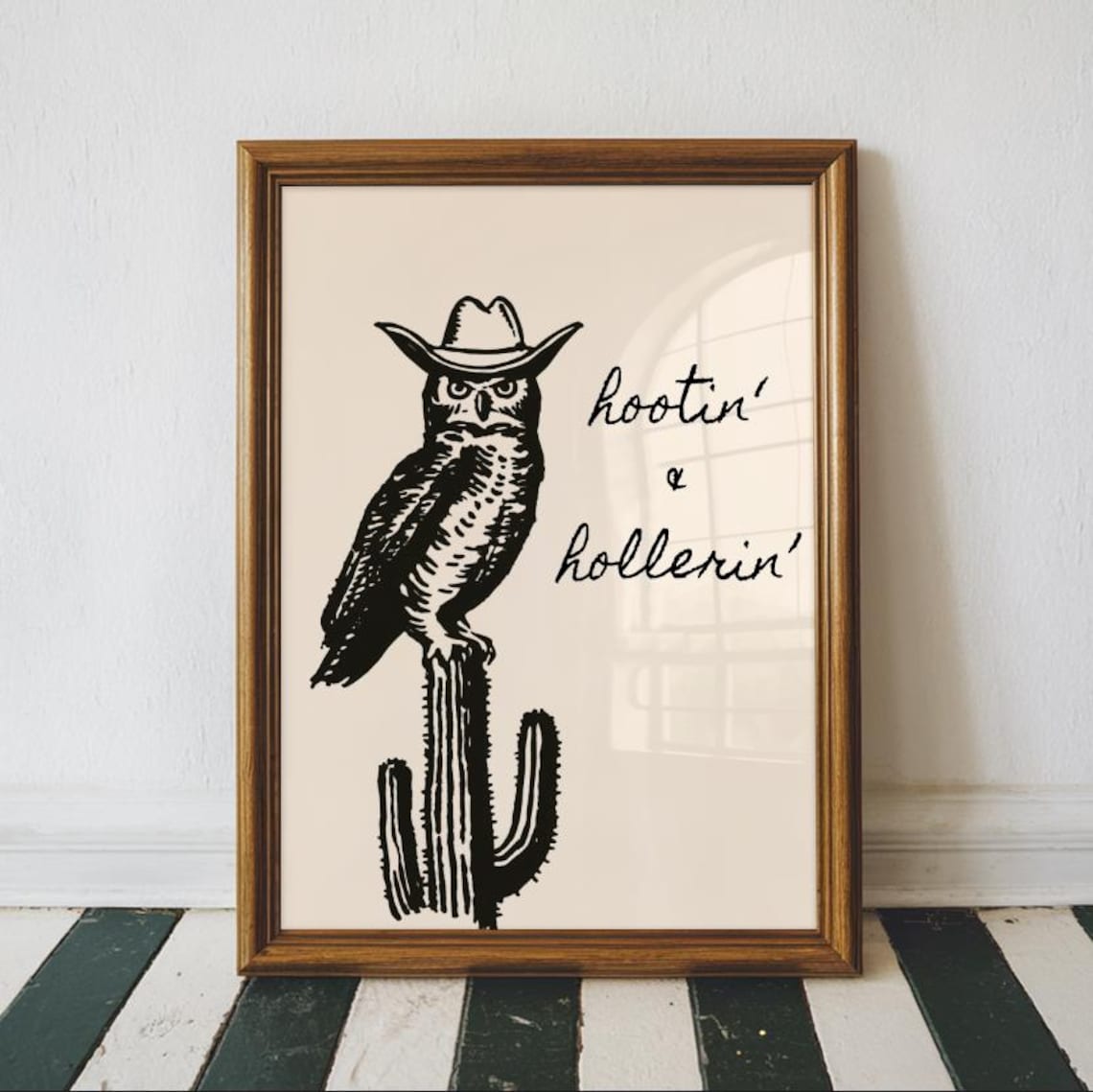 Owl Cowboy Hat Hootin And Hollerin Western Cactus Art Poster