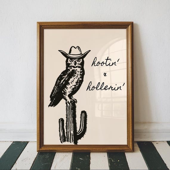 Funny Owl Cowboy Hat Print Vintage Western Nursery Art