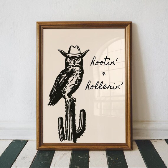 Owl Cowboy Hat Hootin And Hollerin Western Cactus Art Poster