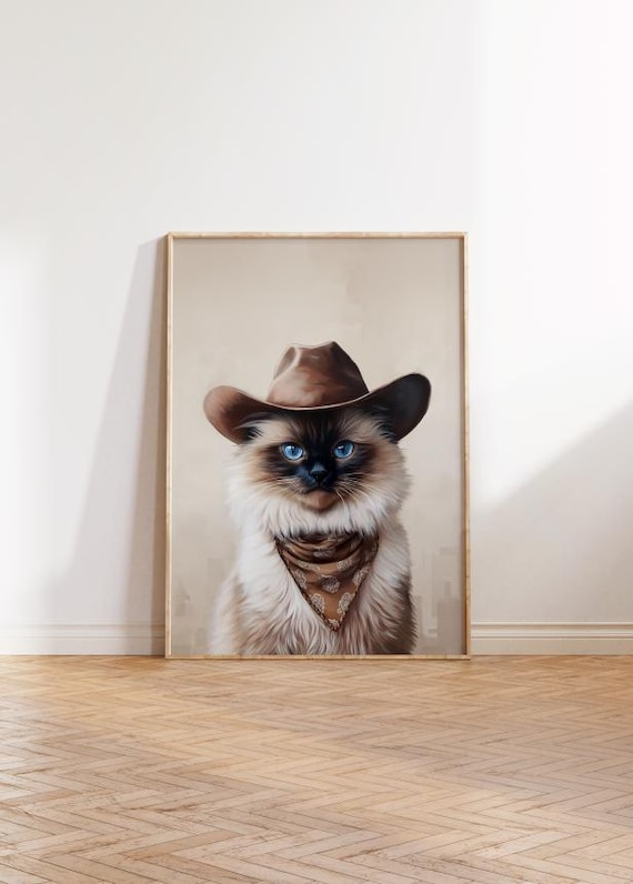 Ragdoll Cat Cowboy Hat Portrait with Blue Eyes Neutral Poster