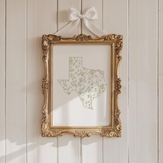 Texas State Silhouette Sage Green Chinoiserie Floral Gold Frame Art Poster