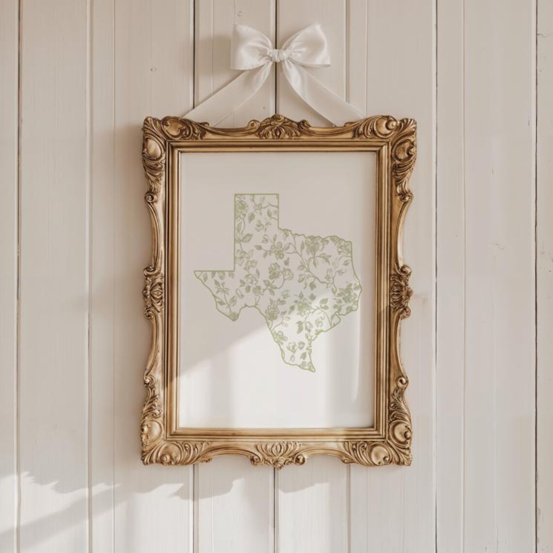 Texas State Silhouette Sage Green Chinoiserie Floral Gold Frame Art Poster