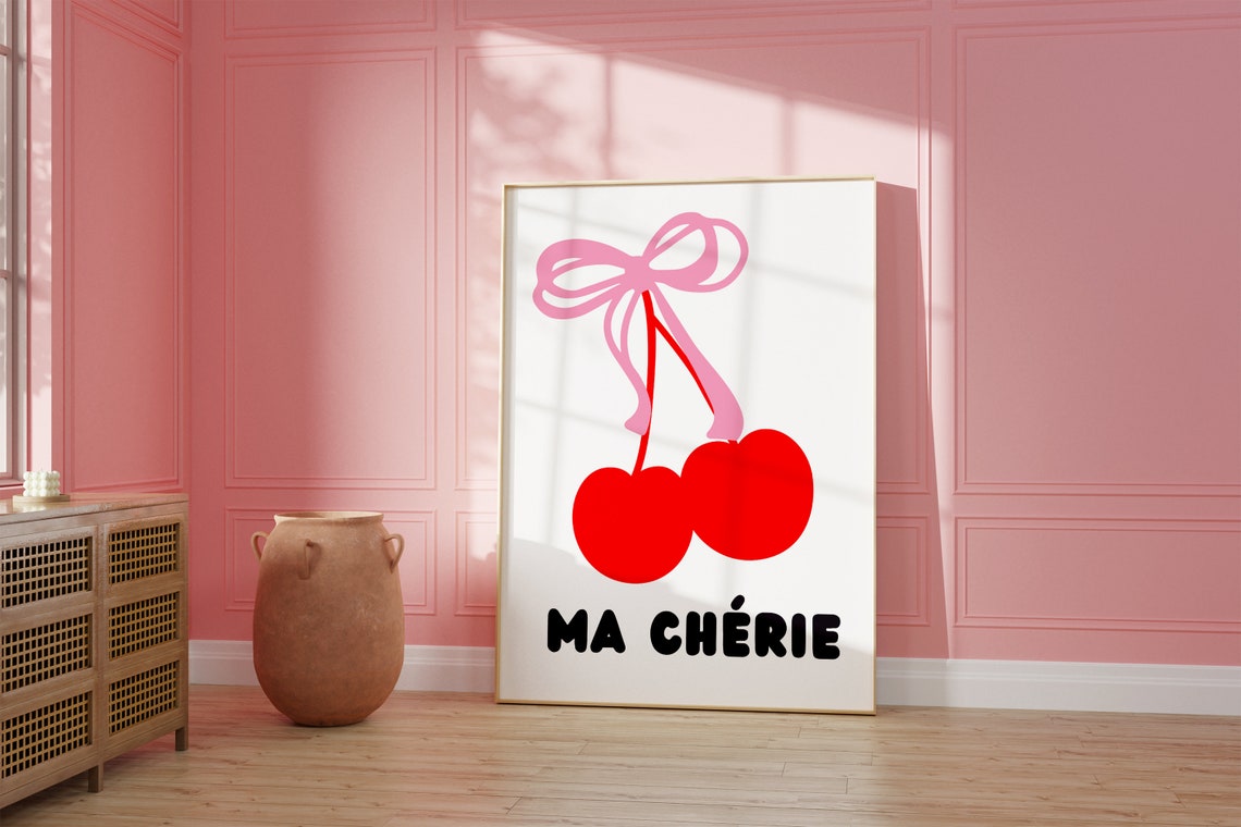 Charming Ma Cherie Cherries Pink Bow Sweet Coquette French Wall Art - Image 2