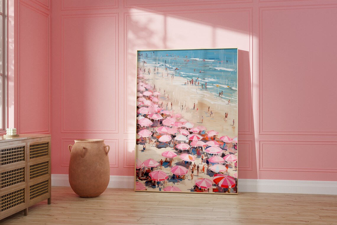 Pink Beach Umbrellas Busy Summer Shoreline Coastal Painting Poster - Image 2