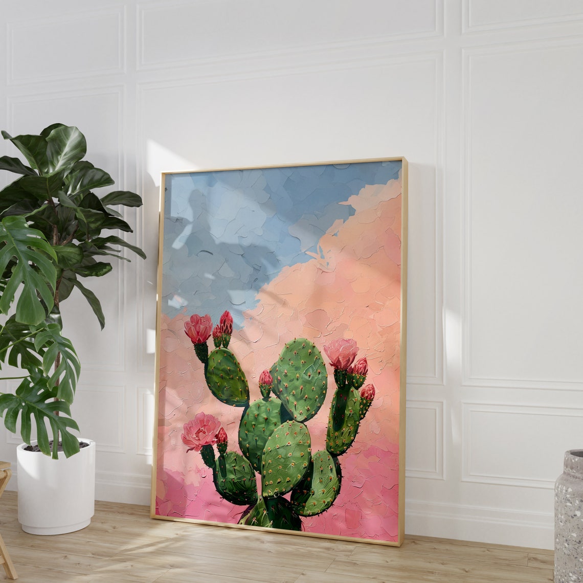 Prickly Pear Cactus With Pink Blooms Textured Sunset Art Poster