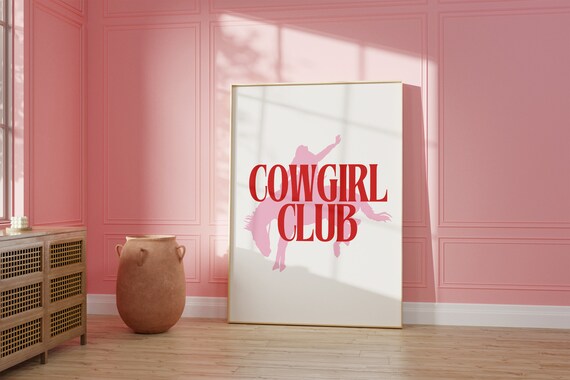 Cowgirl Club Bold Red Serif Typography Pink Rider Silhouette Poster