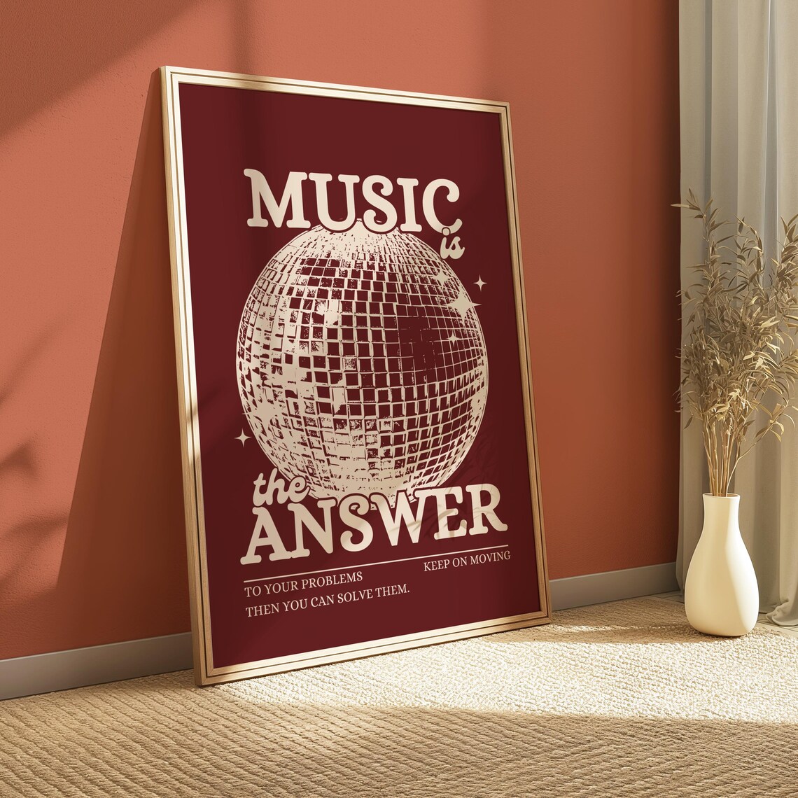 Music Is The Answer Cherry Red Disco Ball Retro Song Lyric Art Poster