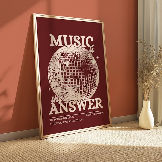 Music Is The Answer Cherry Red Disco Ball Retro Song Lyric Art Poster