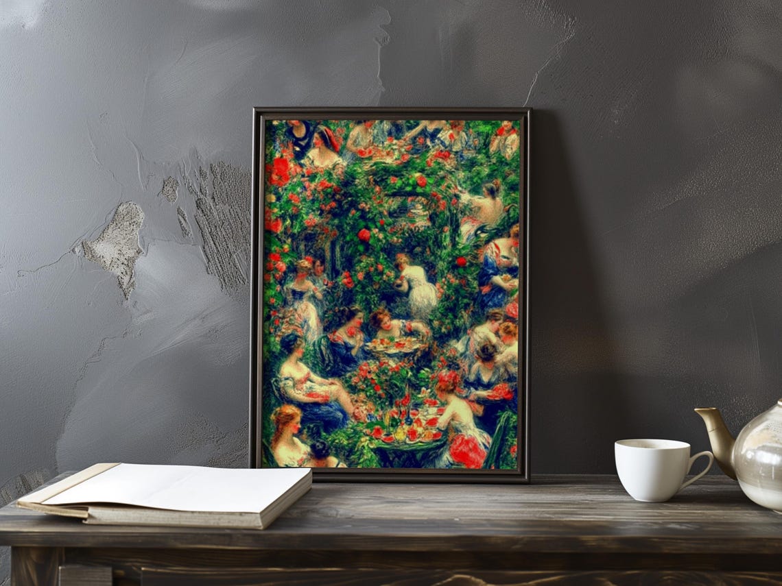 Joyful Garden Party Among Blooming Red Roses Impressionist Poster