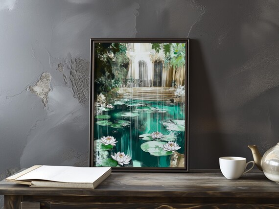 Emerald Water Lily Pond White Blossoms Estate Terrace Impressionist Poster