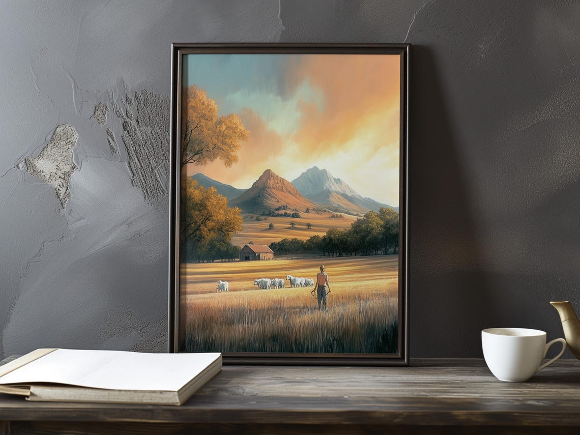 Farmer Herding Cattle Through a Wheat Field at Sunset Poster