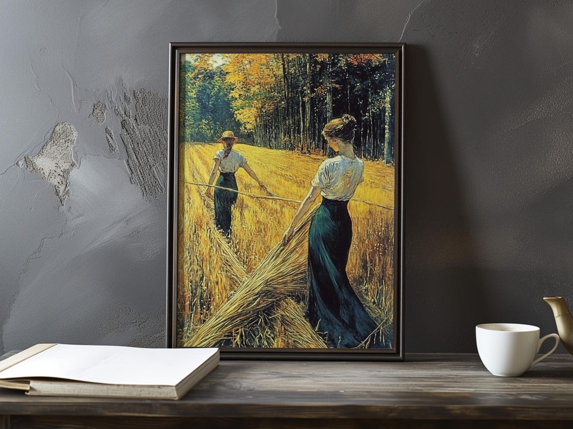 Two Women Binding Wheat Sheaves In A Golden Autumn Field Poster