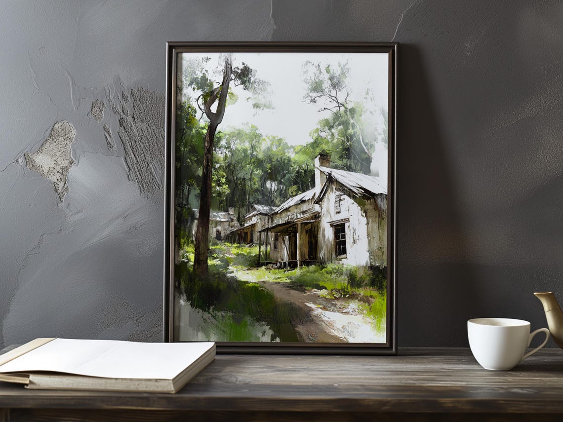 Weathered White Farmhouse Among Tall Trees Watercolor Poster