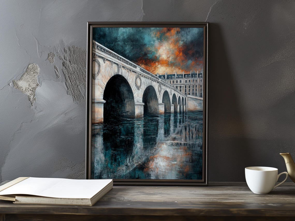 Wide Arched Stone Bridge Under a Fiery Dusk Sky in a City Poster