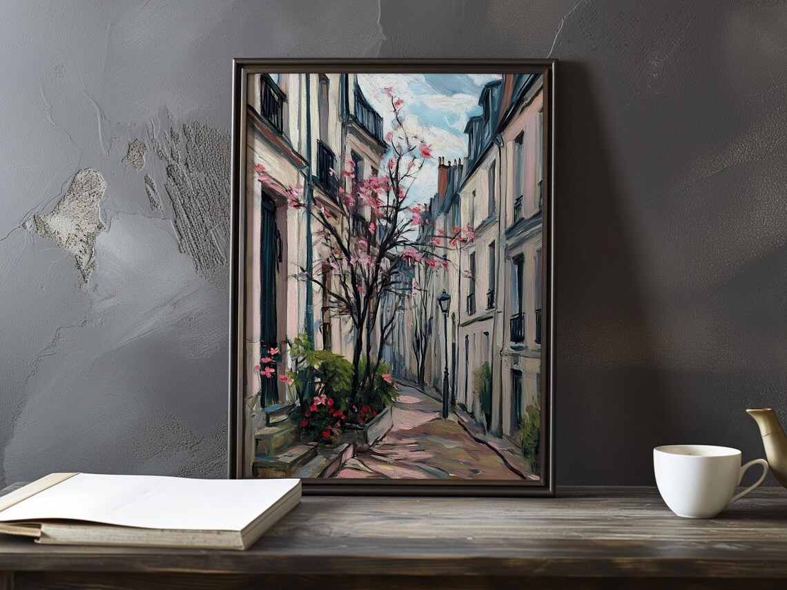 Pink Blossom Tree Blooming on a Quiet Montmartre Paris Street Poster