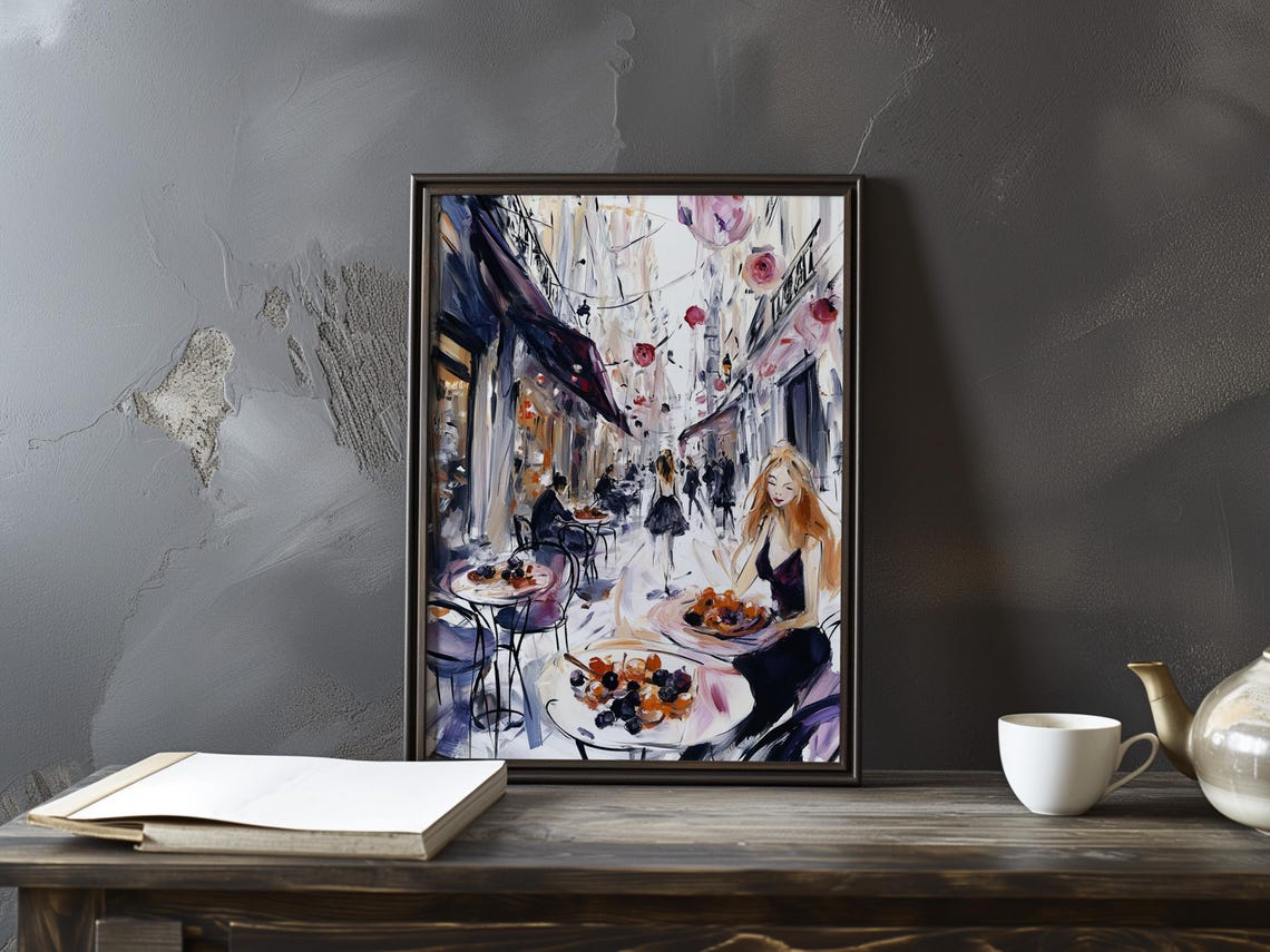 Manet Inspired Paris Cafe Terrace at Dusk with Pink Lanterns Poster