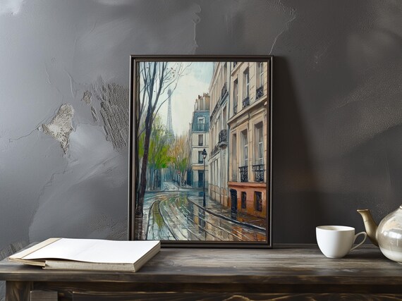 Rainy Paris Street With Eiffel Tower Rising in the Distance Poster