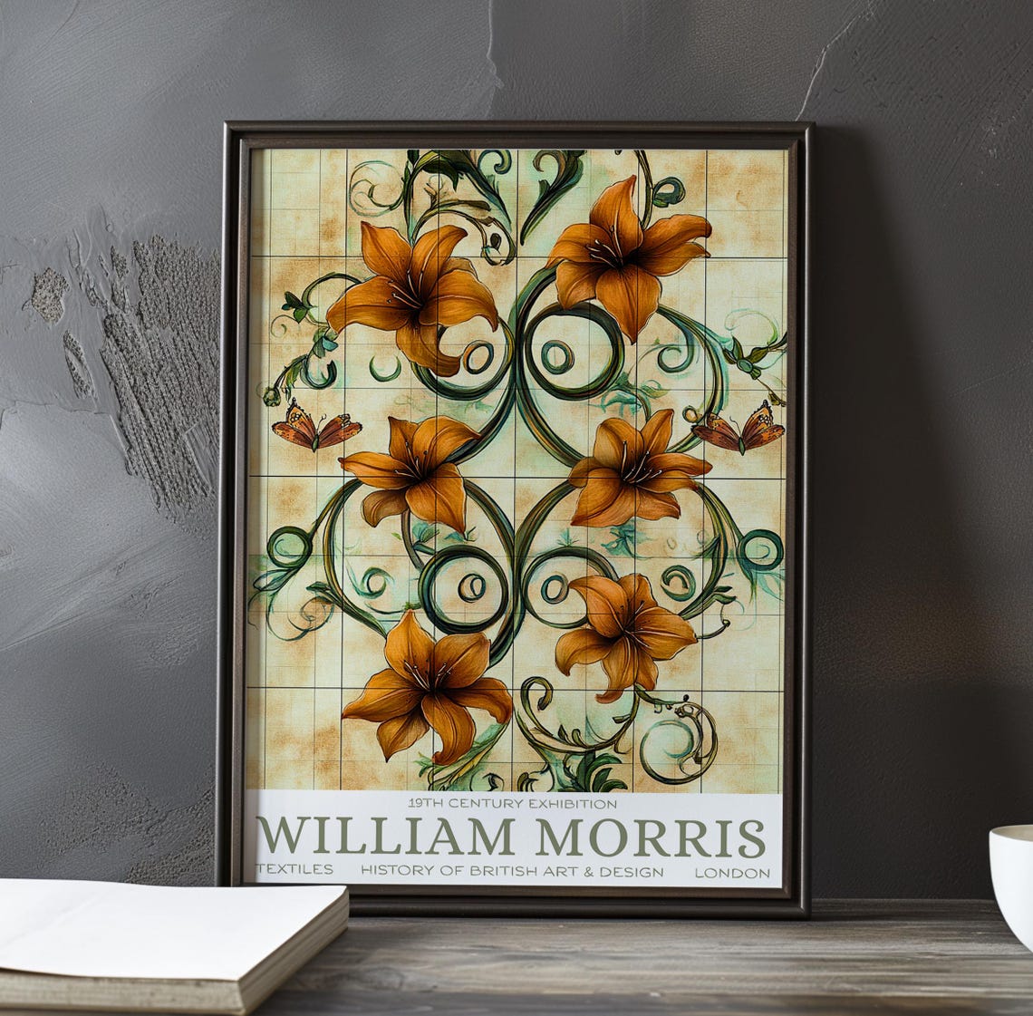 William Morris Amber Lily Scrollwork Textile Exhibition Poster