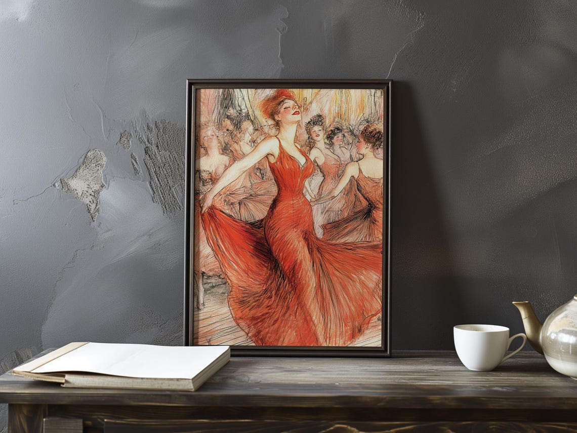 Elegant Dancer in Red with a Chorus Line Behind Impressionist Poster