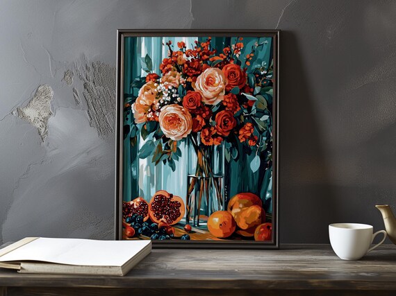 Red Roses Berries And Pomegranate Autumn Still Life Art Poster