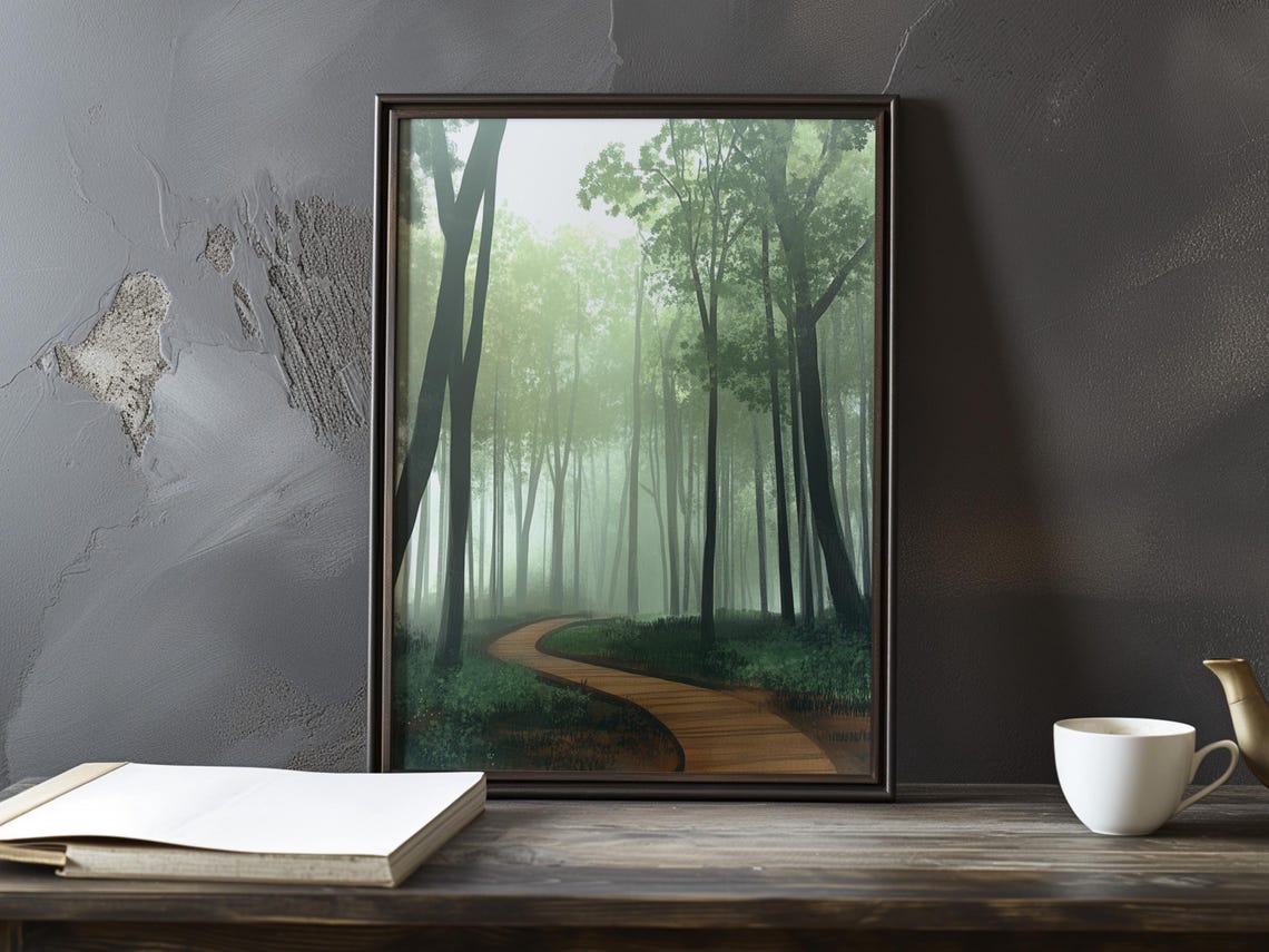 Winding Boardwalk Trail Through A Misty Green Forest Scene Poster