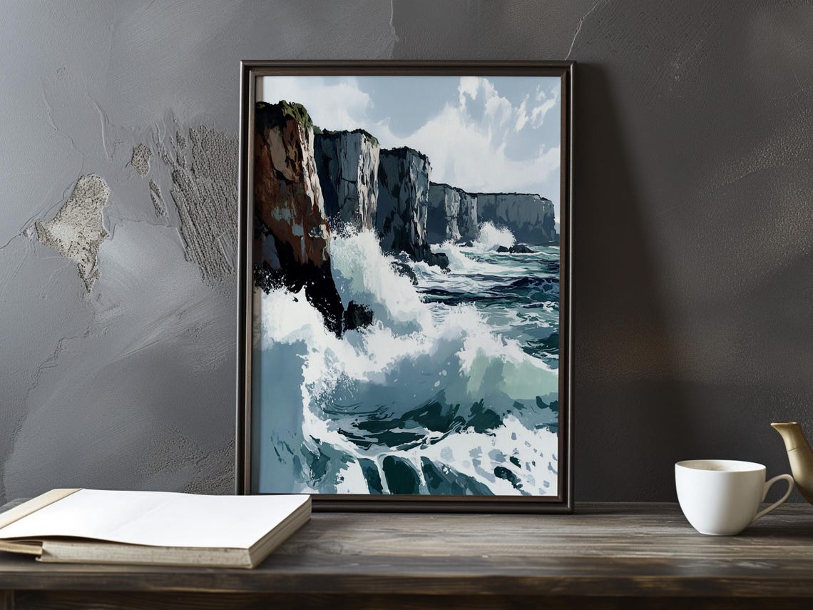 Dramatic Wave Crashing on Dark Cliffs Impressionist Seascape Poster