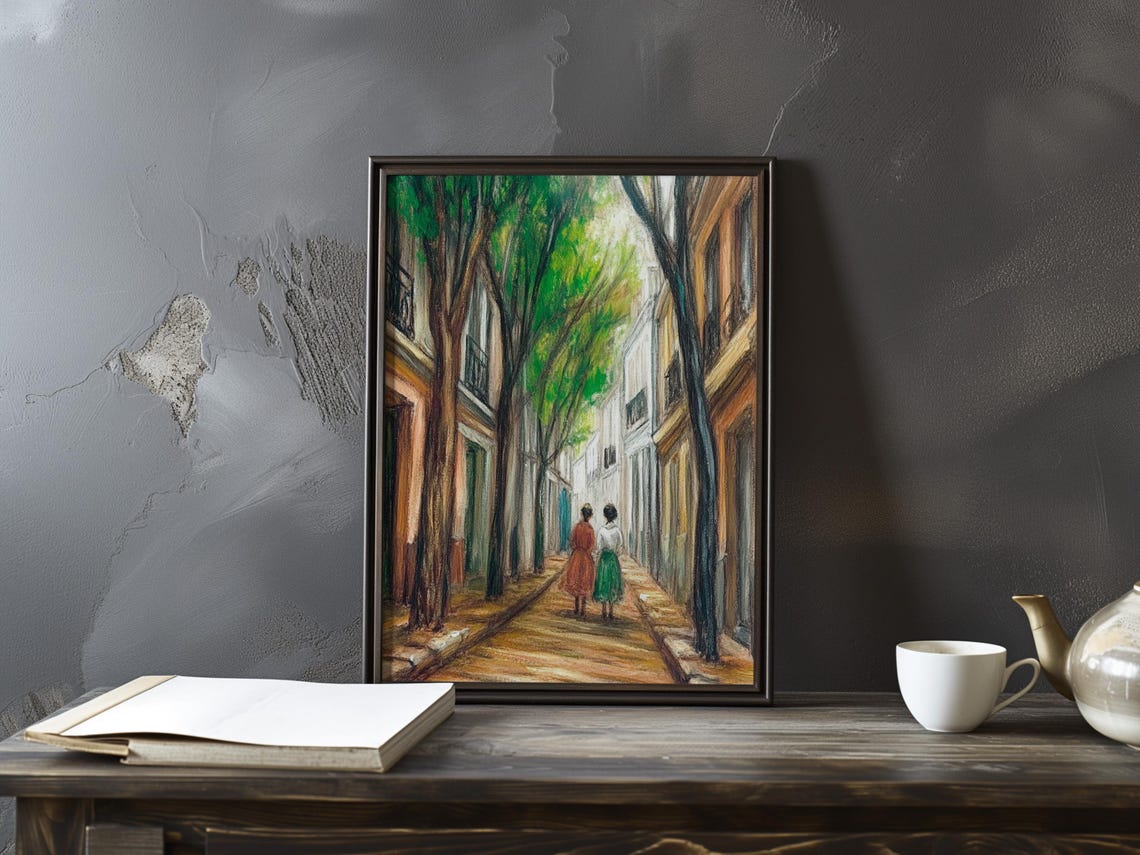 Tree-Lined Avenue With Two Strolling Women Impressionist Poster