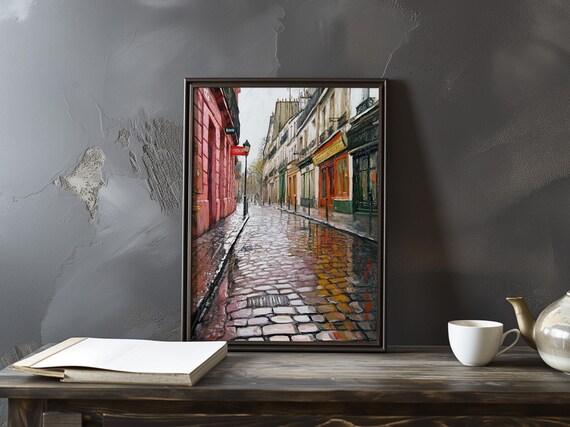 Wet Cobblestone Street With Shops After the Rain Paris Art Poster