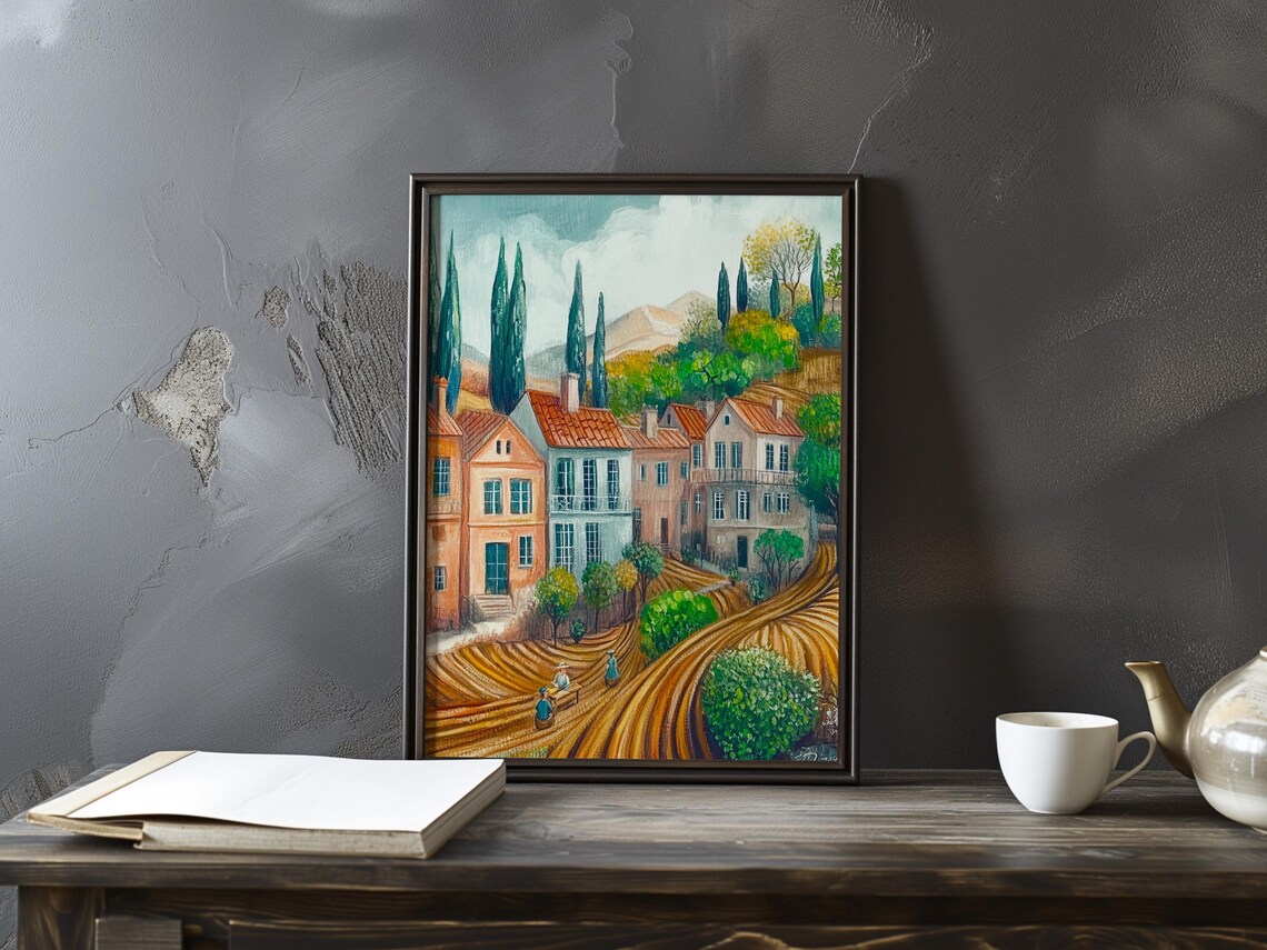 Hillside Village with Cypress Trees and Golden Fields Art Poster