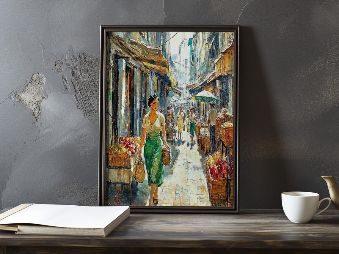 Sunlit European Market Street With A Woman Shopping Poster Art