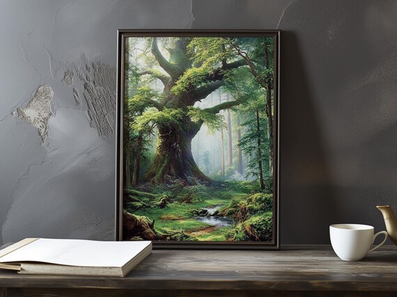 Ancient Giant Tree in a Sunlit Old-Growth Forest With a Stream Poster