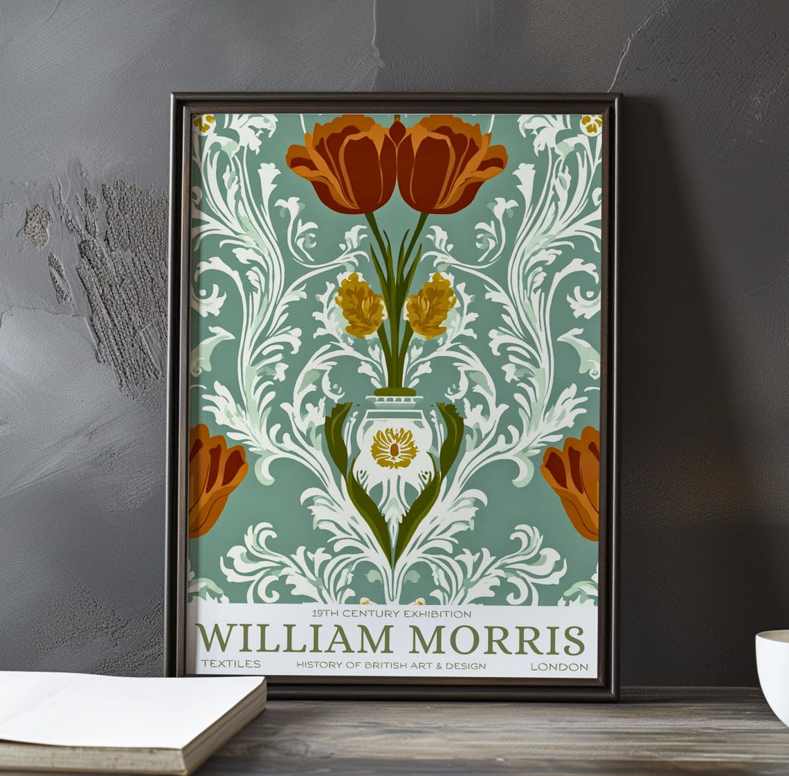 William Morris Rust Tulip Vase Damask Design Teal Textile Poster