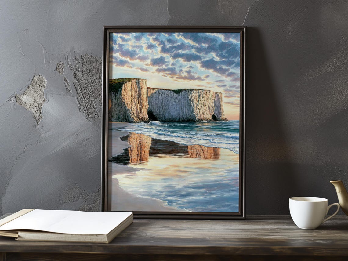 White Chalk Cliffs Reflected on a Wet Sandy Beach Art Poster