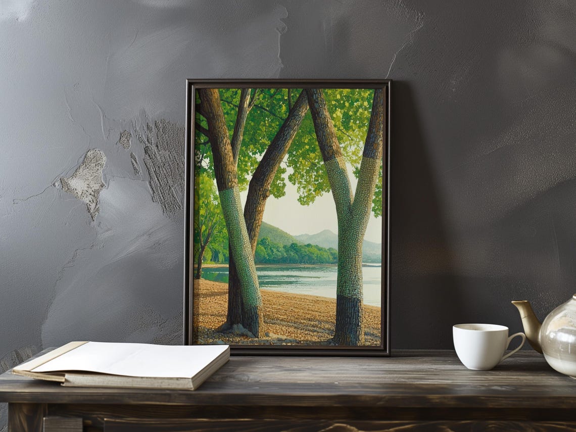 Leaning Trees on a Quiet Sandy Lakeshore at Daybreak Art Poster