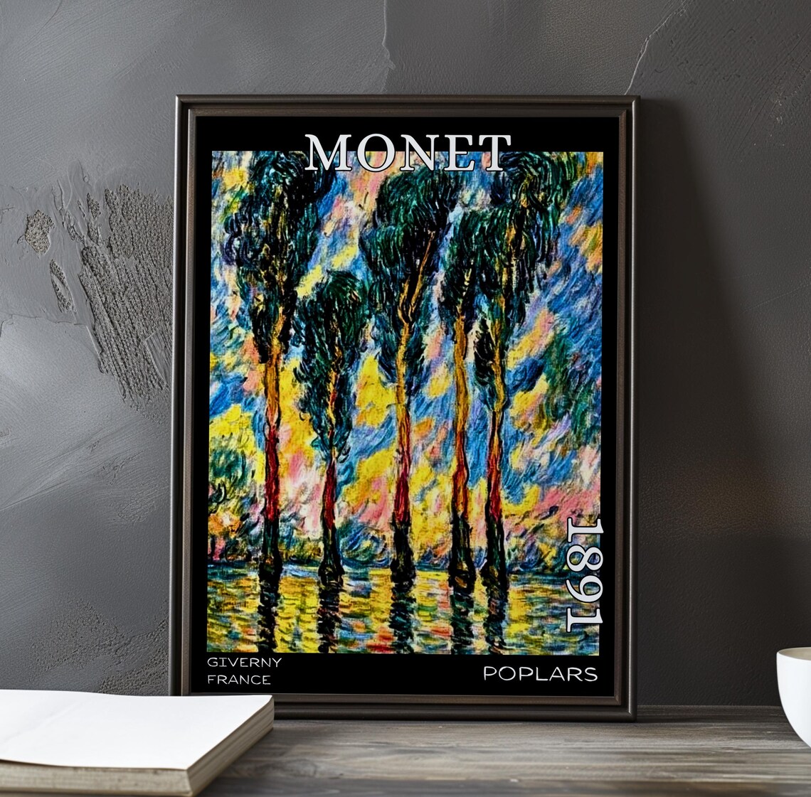 Monet 1891 Four Poplars in Swirling Yellow Blue Pink Sunset Poster