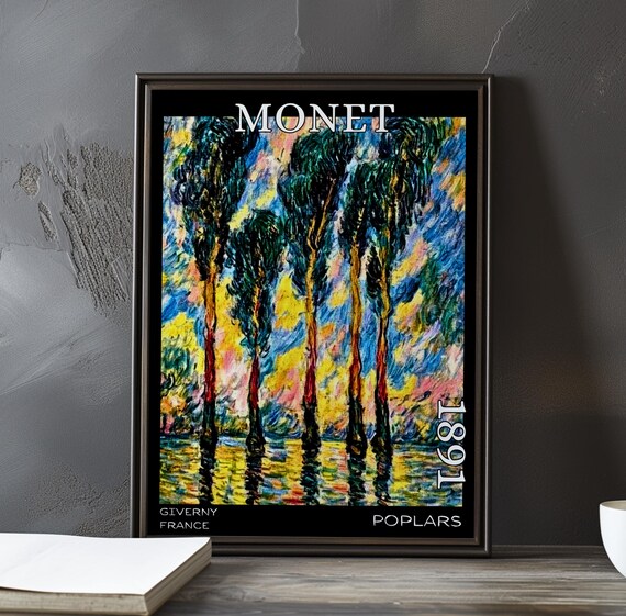 Monet 1891 Four Poplars in Swirling Yellow Blue Pink Sunset Poster