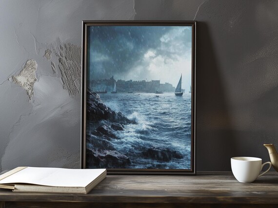 Storm-Tossed Sailboats In A Dark Harbor Under Heavy Clouds Poster