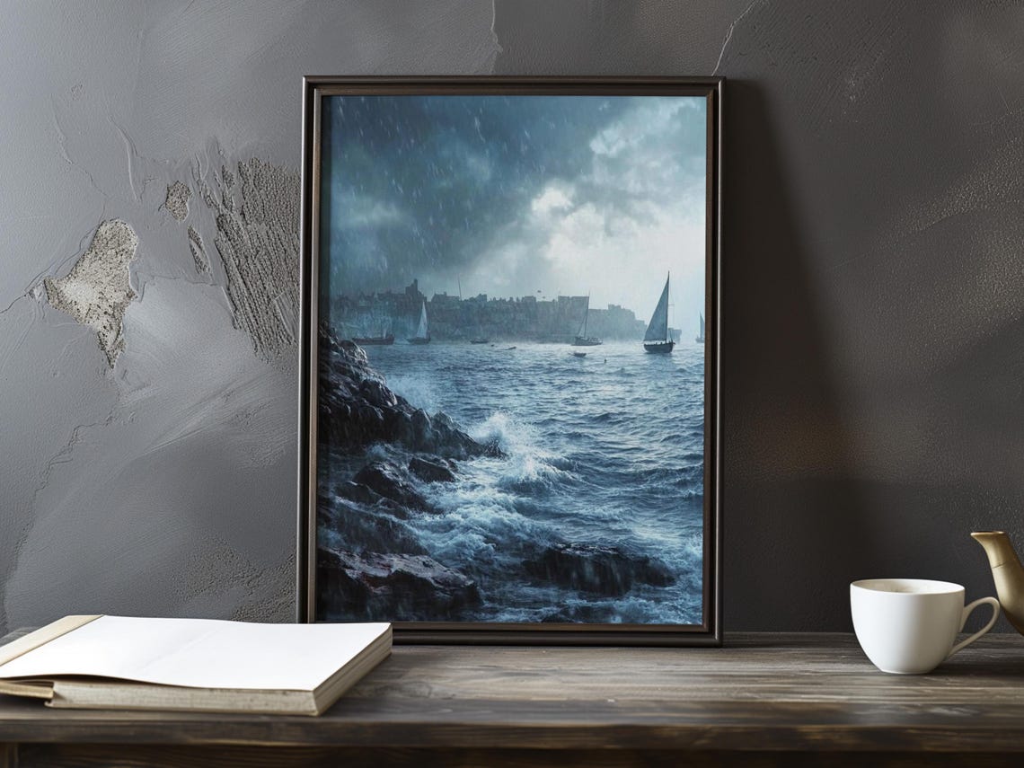 Storm-Tossed Sailboats In A Dark Harbor Under Heavy Clouds Poster