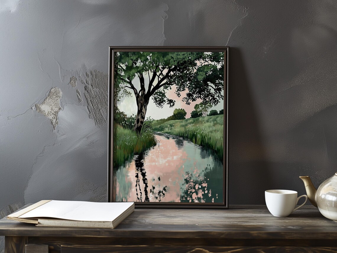 Vallotton Inspired Pink Sunset Reflected in a Calm River Poster