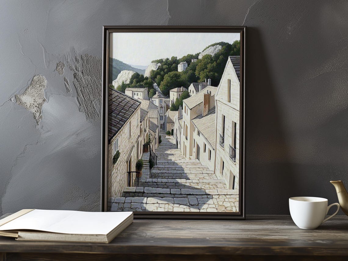 White Stone Village Street With Cobblestone Steps And Hills Poster