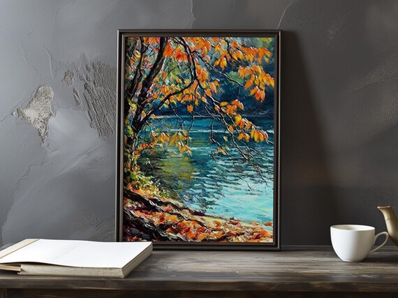 Orange Autumn Branches Over a Blue Green River Impressionist Poster