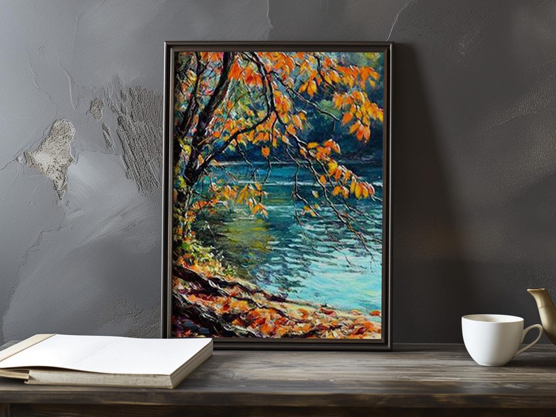 Orange Autumn Branches Over a Blue Green River Impressionist Poster