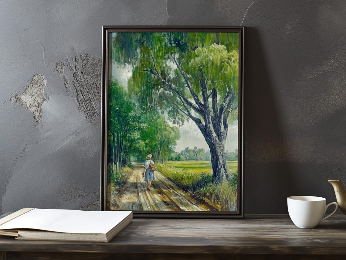 Woman Strolling a Dirt Road Lined With Lush Green Trees Poster
