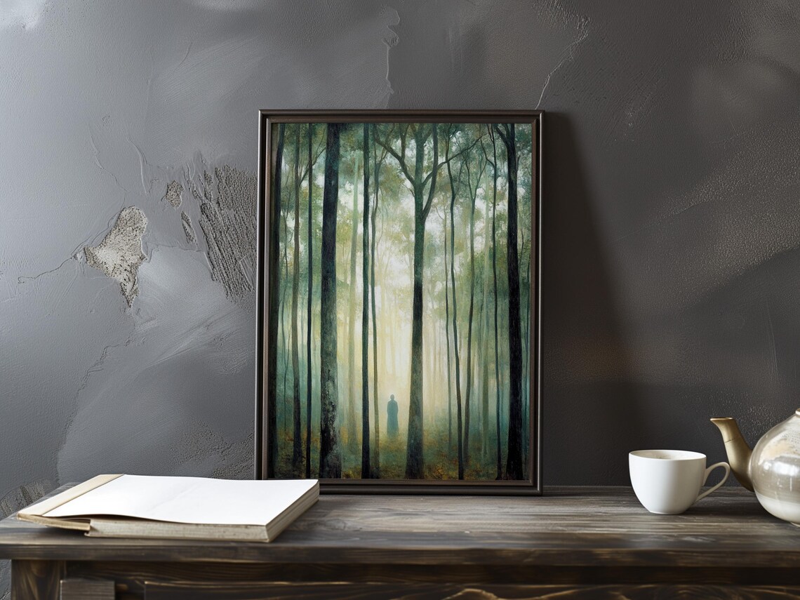 Corot-Inspired Lone Figure Walking in a Foggy Misty Forest Poster