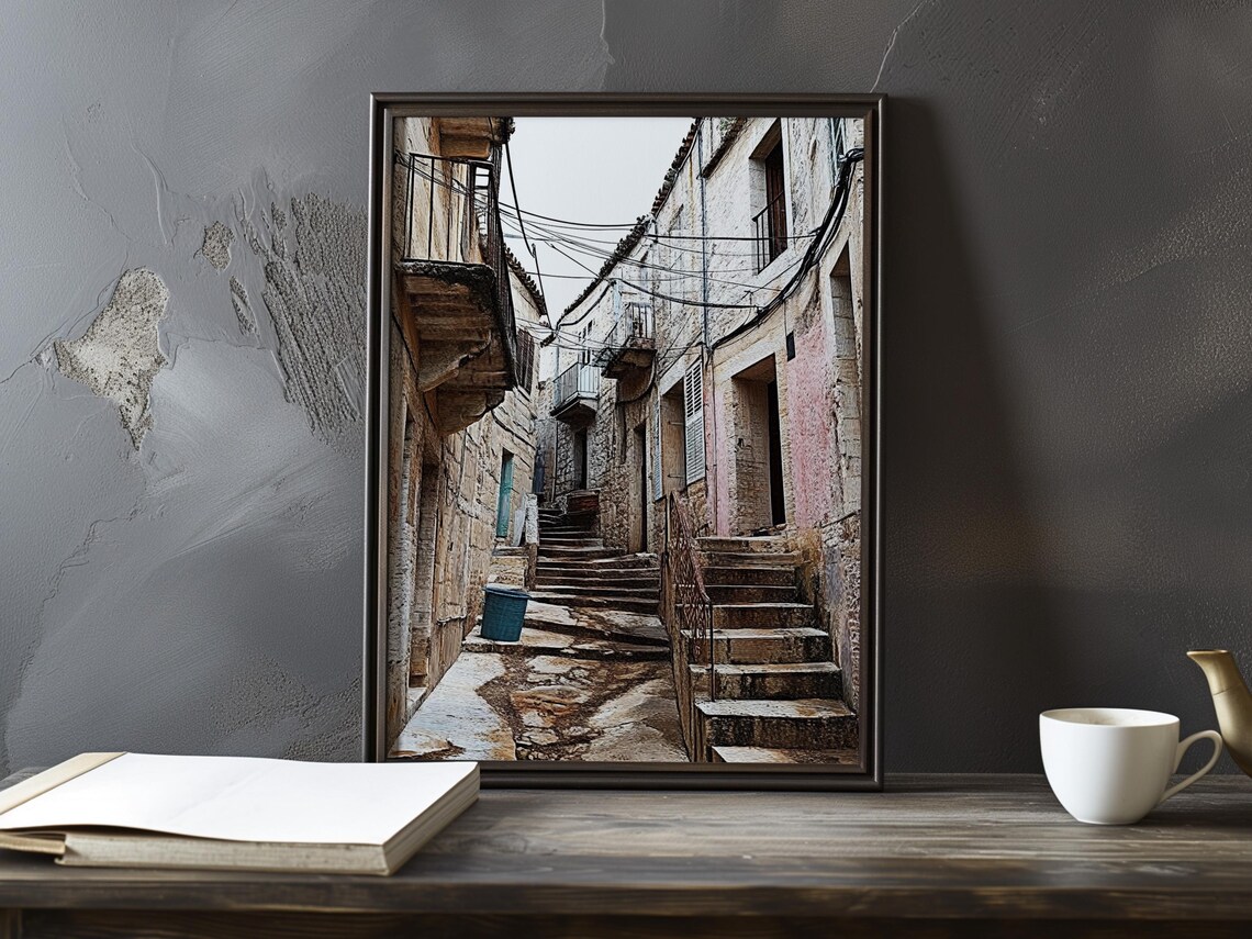 Weathered Old Stone Alleyway Stairs in a Mediterranean Village Poster