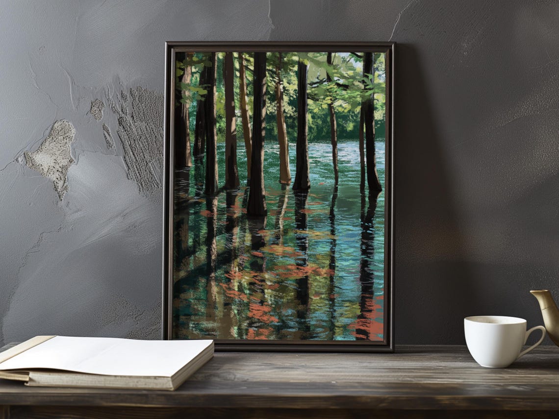 Trees Standing in Shimmering Blue-Green Water Impressionist Poster